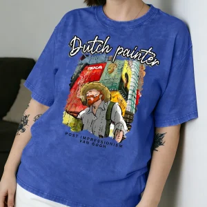 Van Gogh Art Print Women's T-Shirts Cotton Washed Loose T-Shirt Vintage Casual Top Comfortable Summer Fashion Short Sleeve Tees