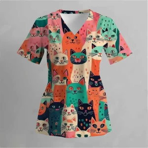 Nurse Uniform Women's Tops V Neck T Shirt Cat Dog Cartoon Printed Tops Uniform Short Sleeve Pockets Medical Female Nurse Uniform