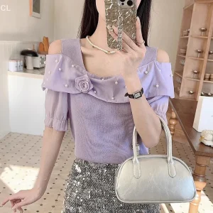 Solid Color Ins Style French Sweet Flower Beaded Off-shoulder Short Sleeve Casual T-shirt For Women