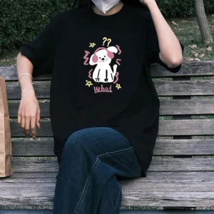 Cute Cartoon Pink Headphone Dog Print Black T-shirt Women's Daily Casual Wear Loose-fitting Round Neck Short-sleeved Top
