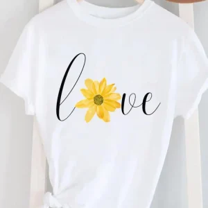 Women Print White Tee Casual Ladies Graphic T Clothing Fashion Love Flower Letter Trend Clothes Short Sleeve O-neck T-shirts
